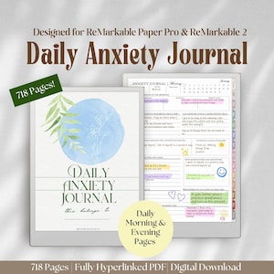May include: A digital Daily Anxiety Journal for ReMarkable Paper Pro and ReMarkable 2 tablets. The cover features a blue watercolor circle with green leaves and the text Daily Anxiety Journal. Includes 718 pages with daily morning and evening pages.