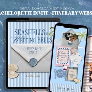 May include: A digital bachelorette party invitation and itinerary website template displayed on a tablet and smartphone. The design features light blue stripes, seashell graphics, and text reading Seashells & Wedding Bells, Olivia's Bach Party, and RSVP Now.