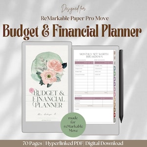 Puede incluir: Planificador digital de presupuesto y finanzas diseñado para ReMarkable Paper Pro Move. El planificador presenta un diseño floral en acuarela e incluye secciones para cuentas de activos y deudas, y seguimiento del patrimonio neto. El texto dice "Budget & Financial Planner".