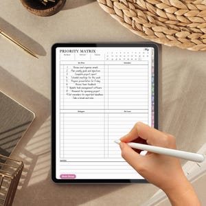 May include: A digital tablet displaying a Priority Matrix planner page with a monthly calendar for May, a numbered task list, and sections for Do First, Schedule, Delegate, Do Later, and Notes, featuring a Brain Dump button at the bottom.