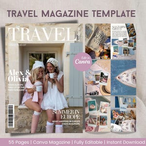 Könnte beinhalten: Eine Reisemagazin-Vorlage mit einem Cover, das zwei Personen in weißer Kleidung und Hüten mit Tassen zeigt, sowie dem Text TRAVEL, Alex & Olivia und Summer in Europe. Das Layout enthält mehrere Innenseiten mit Fotos von Griechenland, Booten und Bildern im Polaroid-Stil.
