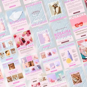 May include: A collection of digital marketing templates for a beauty brand named Rosaura, featuring a pink and light blue color palette. The designs include text such as Thank You, Spring Sale, New Arrival Alert, and Summer Giveaway with imagery of skincare products, fruit, and lifestyle photography.