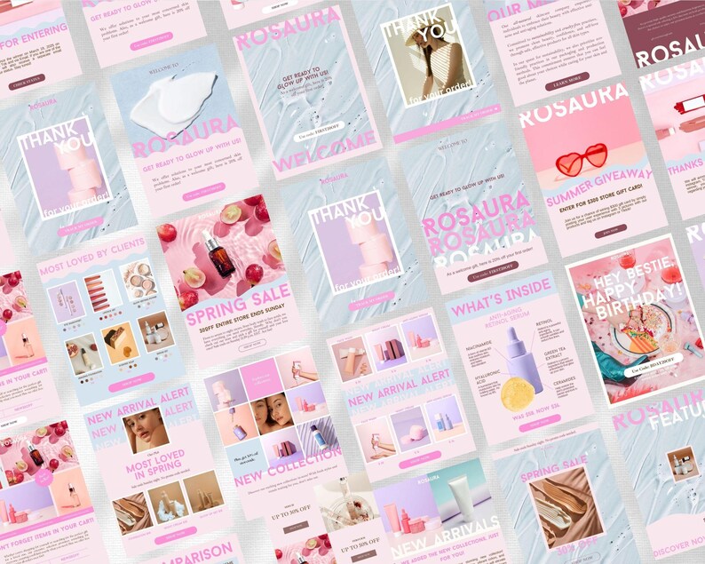 May include: A collection of digital marketing templates for a beauty brand named Rosaura, featuring a pink and light blue color palette. The designs include text such as Thank You, Spring Sale, New Arrival Alert, and Summer Giveaway with imagery of skincare products, fruit, and lifestyle photography.