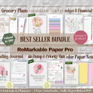 Könnte beinhalten: Ein digitales Planer-Bundle für ReMarkable Paper Pro und ReMarkable 2 mit neun verlinkten PDF-Vorlagen, darunter ein Essens- und Einkaufsplaner, ein anpassbares Notizbuch, ein Finanzplaner, ein Lesetagebuch, ein Brain-Dump-Planer und farbige Notizbücher.