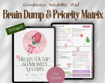 Puede incluir: Un planificador digital titulado Brain Dump & Priority Matrix de 751 páginas, diseñado para Goodnotes, Notability e iPad. La portada presenta una ilustración de una rosa en acuarela, mientras que la página interior muestra listas de tareas.