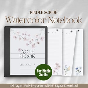 May include: A digital notebook with a watercolor floral design. The cover features the text "NOTE BOOK" and "this belongs to". The notebook is designed for Kindle Scribe and has 103 pages.