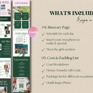 May include: A digital travel itinerary template featuring five pages with sections for a packing list, outfit inspiration, cost estimation, and daily schedules. The design uses dark green and pink stripes with text including The Hotel, Itinerary, and What's Included.