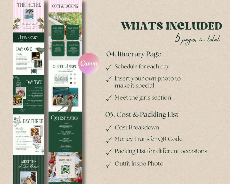 May include: A digital travel itinerary template featuring five pages with sections for a packing list, outfit inspiration, cost estimation, and daily schedules. The design uses dark green and pink stripes with text including The Hotel, Itinerary, and What's Included.