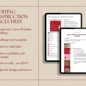 May include: A digital guide titled Canva Website Customization Tutorial displayed on two tablet screens. The text includes instructions for editing templates, adding links, publishing websites, and using RSVP features with dark red text on a beige background.