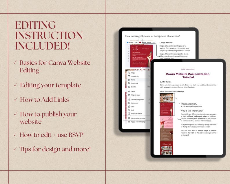 May include: A digital guide titled Canva Website Customization Tutorial displayed on two tablet screens. The text includes instructions for editing templates, adding links, publishing websites, and using RSVP features with dark red text on a beige background.