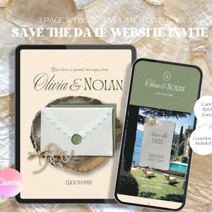 May include: A 3-page website template for a Save the Date wedding invitation, editable in Canva. The design features a cream-colored digital invitation with an envelope and wax seal, alongside a mobile view showing a photo of a villa and pool.