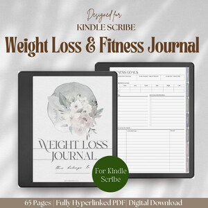 Peut inclure: Un journal numérique de perte de poids et de fitness pour Kindle Scribe avec une couverture ornée d'une illustration florale et le texte Weight Loss Journal, ainsi qu'une page intérieure avec un tableau d'objectifs et des sections de suivi.