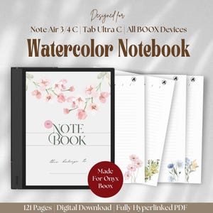 Puede incluir: Un cuaderno digital con un diseño floral de acuarela. La portada presenta el texto "NOTE BOOK" y "Esto pertenece a..." El cuaderno está diseñado para dispositivos Onyx Boox y tiene 121 páginas.
