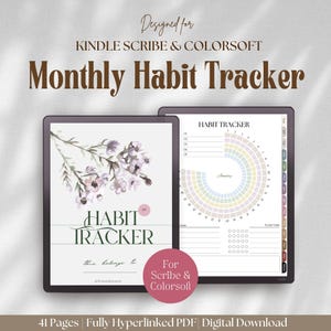 May include: Digital habit tracker for Kindle Scribe and Colorsoft. The design features a floral illustration and a circular habit tracker. The text reads "Monthly Habit Tracker" and "Habit Tracker". The digital download includes 41 pages.