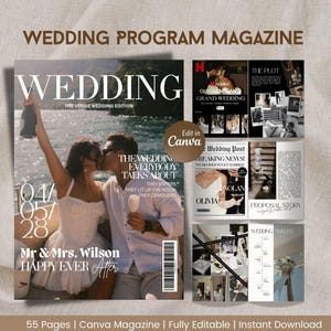 May include: A wedding program magazine with a cover featuring a couple kissing, with the word "WEDDING" in large letters. The magazine includes the text "THE VOGUE WEDDING EDITION" and "Mr & Mrs. Wilson HAPPY EVER After". Additional pages are visible.