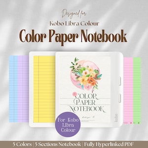 May include: A white Kobo Libra Colour e-reader with a colorful digital notebook design. The notebook features a watercolor floral design and the text "Color Paper Notebook." The image also shows colorful paper sections in blue, purple, yellow, pink, and green.