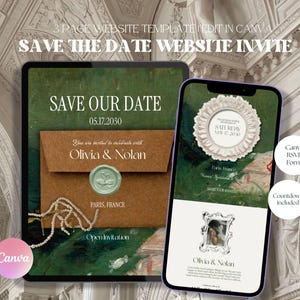 May include: A 3-page website template for a Save the Date wedding invitation, editable in Canva. The design features a green background, a brown envelope with a light green wax seal, pearl accents, and text including Save Our Date 05.17.2030.