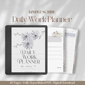 Puede incluir: Un planificador de trabajo diario digital en un dispositivo Kindle. El planificador tiene un diseño floral de acuarela con el texto "DAILY WORK PLANNER" y "this belongs to". El planificador tiene 417 páginas y es una descarga digital PDF totalmente hipervinculada.