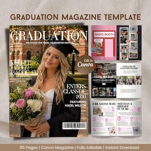 Puede incluir: Una plantilla de revista de graduación con una portada que presenta a una graduada sonriente con birrete y toga sosteniendo flores. La revista incluye diseños para fotos, líneas de tiempo y artículos. El texto incluye "Graduation", "Enters Class of 2030" y "Edit in Canva".