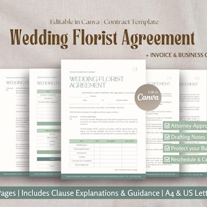 May include: A Wedding Florist Agreement template with the text "Wedding Florist Agreement". The template includes an invoice and business card. The design is in shades of green and white, with the text "Editable in Canva". The template is attorney-approved, with drafting notes.
