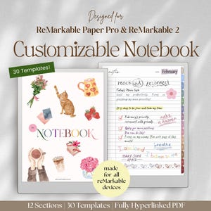 May include: A digital notebook template for the ReMarkable Paper Pro and ReMarkable 2 tablets. The template features 30 customizable pages with a variety of stickers and illustrations, including a cat, a cup of coffee, flowers, and strawberries. The template is designed to help users stay organized and productive.