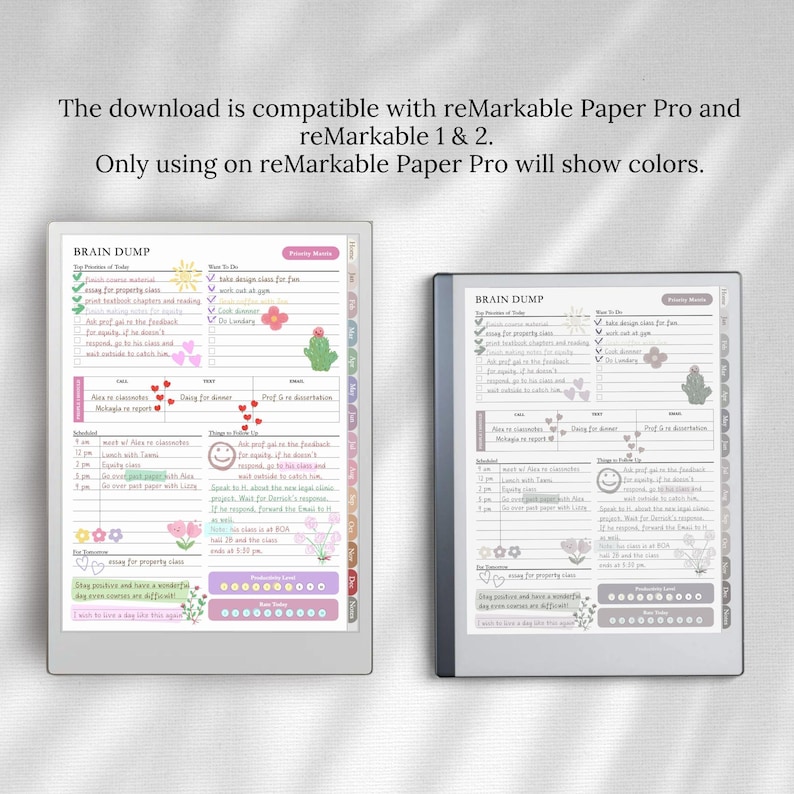 May include: Two digital tablets displaying a Brain Dump planner template. The left screen shows the template in color, while the right screen displays it in grayscale. Text at the top reads: The download is compatible with reMarkable Paper Pro and reMarkable 1 & 2. Only using on reMarkable Paper Pro will show colors.