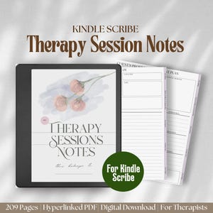 May include: A digital download of a therapy session notes planner for Kindle Scribe. The cover features a watercolour illustration of pink flowers on a blue background. The title "Therapy Sessions Notes" is in a modern font. The text "For Kindle Scribe" is in a green circle.
