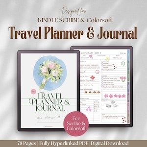 May include: Digital travel planner and journal for Kindle Scribe and Colorssoft. The cover features a watercolor bouquet on a blue background. The planner includes itinerary pages, expense trackers, and daily meal planning sections.