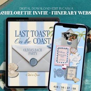 May include: A digital bachelorette party invitation and itinerary website template displayed on a tablet and smartphone. The design features a blue and white striped theme with text reading Last Toast On the Coast, Olivia's Bach Party, and RSVP Now.
