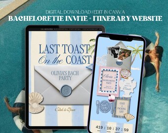 May include: A digital bachelorette party invitation and itinerary website template displayed on a tablet and smartphone. The design features a blue and white striped theme with text reading Last Toast On the Coast, Olivia's Bach Party, and RSVP Now.