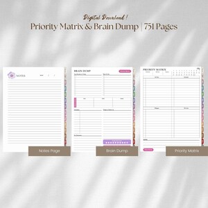 May include: A digital download planner set featuring 751 pages with three distinct layouts: a lined notes page with a floral icon, a brain dump page with task lists and tracking sections, and a priority matrix page with a calendar and grid.