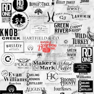 May include: A collection of bourbon and whiskey distillery logos, including Woodford Reserve, Buffalo Trace, and Maker's Mark, arranged on a marble-like background. The logos vary in design, featuring text and illustrations.