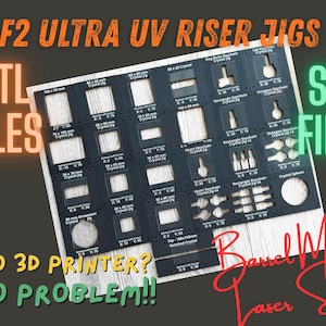 Puede incluir: Una placa de alineación rectangular negra con varios recortes para formas de cristal UV, etiquetada con dimensiones y coordenadas. El texto incluye F2 ULTRA UV RISER JIGS, STL FILES, SVG FILES, NO 3D PRINTER? NO PROBLEM!! y Barrel Made Laser Shop.