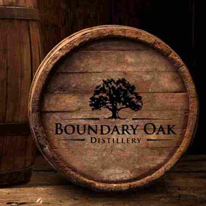 Pode incluir: Uma cabeça de barril de madeira com o texto "BOUNDARY OAK DISTILLERY" e um gráfico de árvore. O barril é feito de madeira envelhecida com uma mancha marrom escura. O texto está em uma fonte serif.