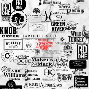 May include: A collage of black and white logos from various Kentucky distilleries and bourbon brands, including Woodford Reserve, Bulleit, Maker's Mark, Four Roses, and Wild Turkey, arranged on a light gray marble-textured background.