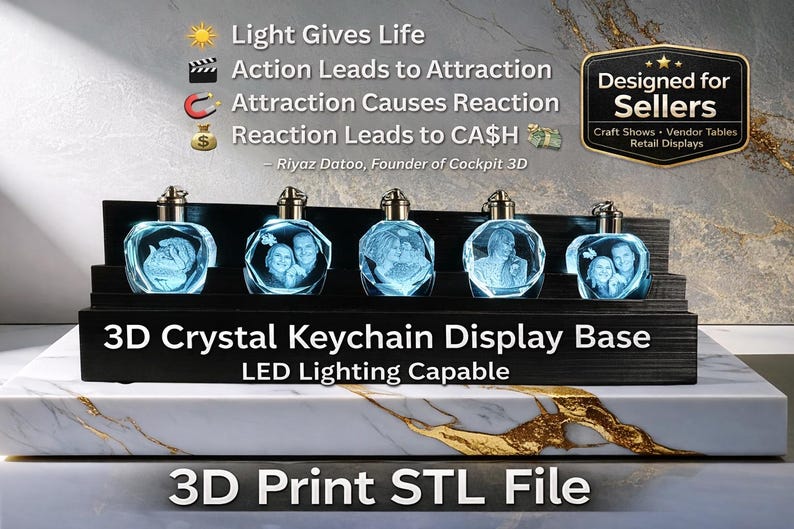 May include: A black display base holds five illuminated crystal keychains, each with a personalized image. The base is labeled "3D Crystal Keychain Display Base" and "LED Lighting Capable." The image also includes text about attraction and reaction.
