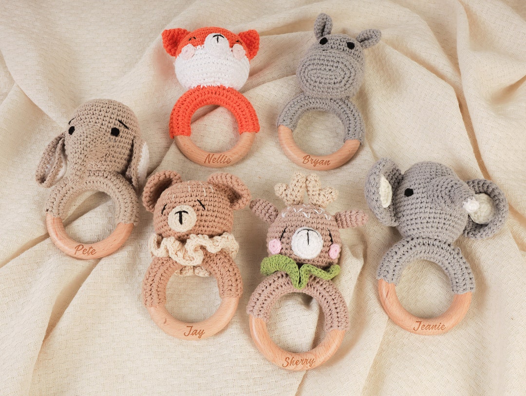 Custom Wooden Baby Rattle, Personalized Animal Crochet Rattle, Wooden ...