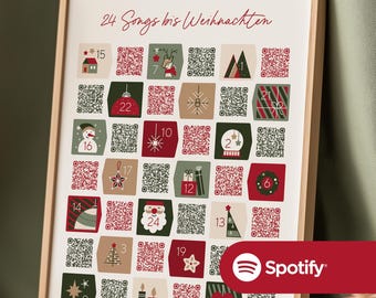 Può includere: Un poster incorniciato intitolato 24 Songs bis Weihnachten con una griglia di ventiquattro quadrati numerati, ognuno contenente un'illustrazione a tema natalizio e un codice QR unico. Il design utilizza una palette di colori rosso, verde e beige.