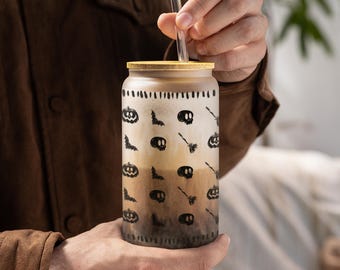 Halloween Iced Coffee Glass Cup with Lid & Straw, Spooky Tumbler Mug