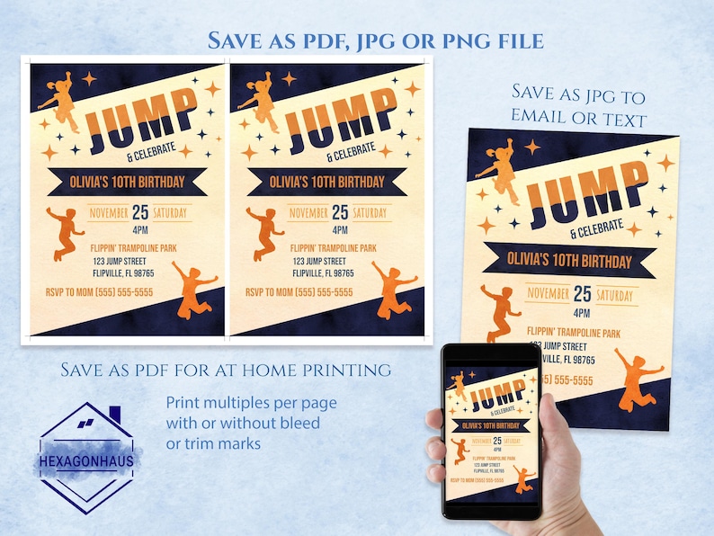 Jump Trampoline Park Birthday Invitation Sky Zone Party, Editable