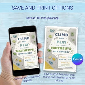 May include: A digital invitation template for a 10th birthday party featuring a rock climbing wall theme with colorful climbing holds. The text reads CLIMB AND PLAY AS WE CELEBRATE MATTHEW'S 10TH BIRTHDAY, Saturday NOV 28, 4-6 PM, Rocktopia Gym.