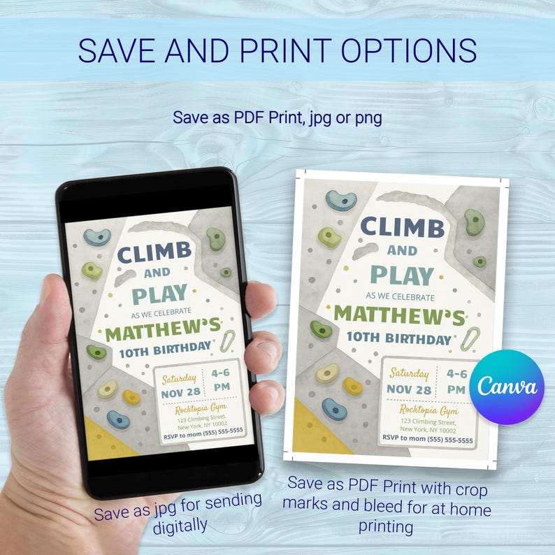 May include: A digital invitation template for a 10th birthday party featuring a rock climbing wall theme with colorful climbing holds. The text reads CLIMB AND PLAY AS WE CELEBRATE MATTHEW'S 10TH BIRTHDAY, Saturday NOV 28, 4-6 PM, Rocktopia Gym.