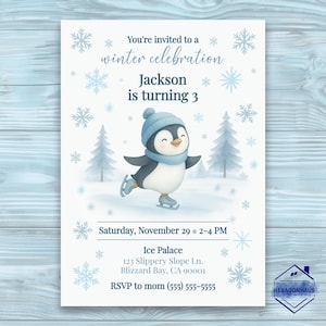 Op de afbeelding: Een uitnodiging voor een winterfeest met een cartoonpinguïn die schaatst. De uitnodiging bevat de tekst "Je bent uitgenodigd voor een winterfeest" en "Jackson wordt 3". De evenementdetails zijn ook inbegrepen.