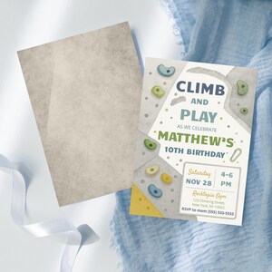 May include: A rectangular birthday invitation card featuring a climbing wall graphic with colorful handholds, text reading CLIMB AND PLAY AS WE CELEBRATE MATTHEW'S 10TH BIRTHDAY, and event details including Saturday NOV 28, 4-6 PM, Rocktopia Gym, 123 Climbing Street.