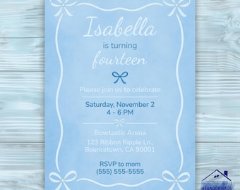 Blue Bow Birthday Invitation • Coquette Ribbon Party Template • Trendy Girl Invite • Instant Download