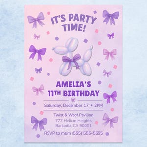 Invitación de cumpleaños con globo de perro: ¡A por todas!, coqueta, globo morado (descarga digital)