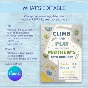 May include: A digital birthday invitation template featuring a climbing wall theme with colorful handholds. The text reads CLIMB AND PLAY AS WE CELEBRATE MATTHEW'S 10TH BIRTHDAY, with details for Saturday, Nov 28, 4-6 PM, at Rocktopia Gym, 123 Climbing Street.