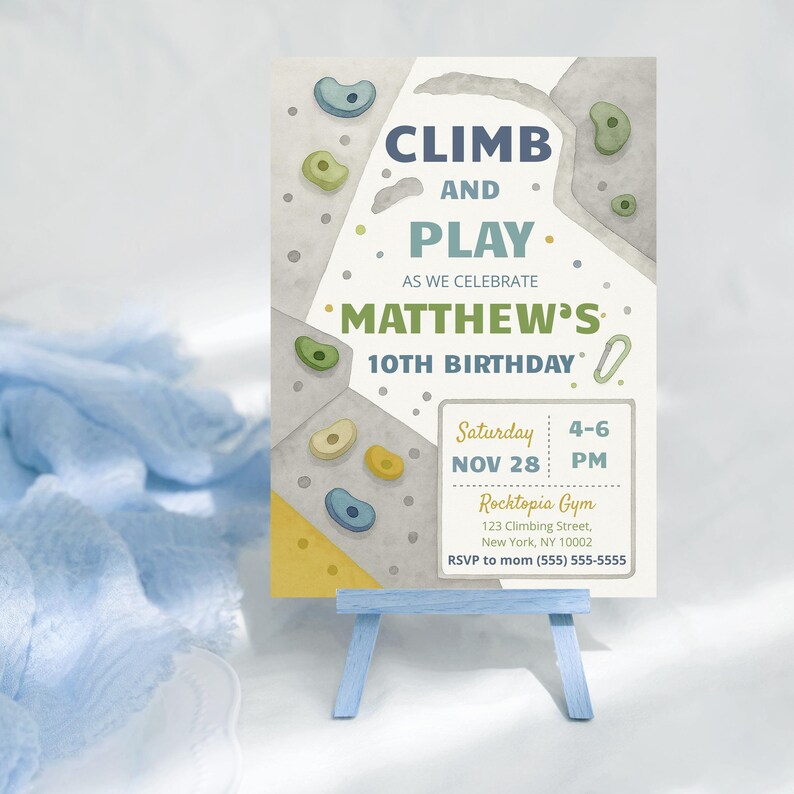 May include: A rectangular birthday invitation card featuring a climbing wall graphic with colorful holds, text reading CLIMB AND PLAY AS WE CELEBRATE MATTHEW'S 10TH BIRTHDAY, and event details including Saturday Nov 28, 4-6 PM, at Rocktopia Gym.