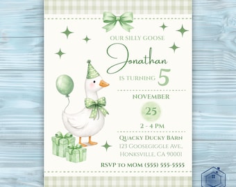 Silly Goose Invitation, Green 1st Birthday Party Invite for Baby Boys, Personalized