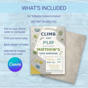May include: A 5x7 digital invitation template featuring a climbing wall theme with colorful handholds. The text reads CLIMB AND PLAY AS WE CELEBRATE MATTHEW'S 10TH BIRTHDAY, with event details including date, time, location, and RSVP information provided.